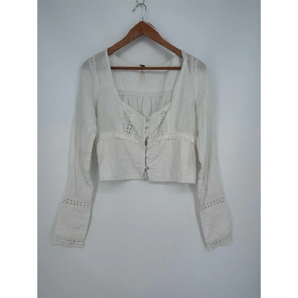Free People Joi Eyelet Crop Blouse Boho Cottagecore Poetcore White M